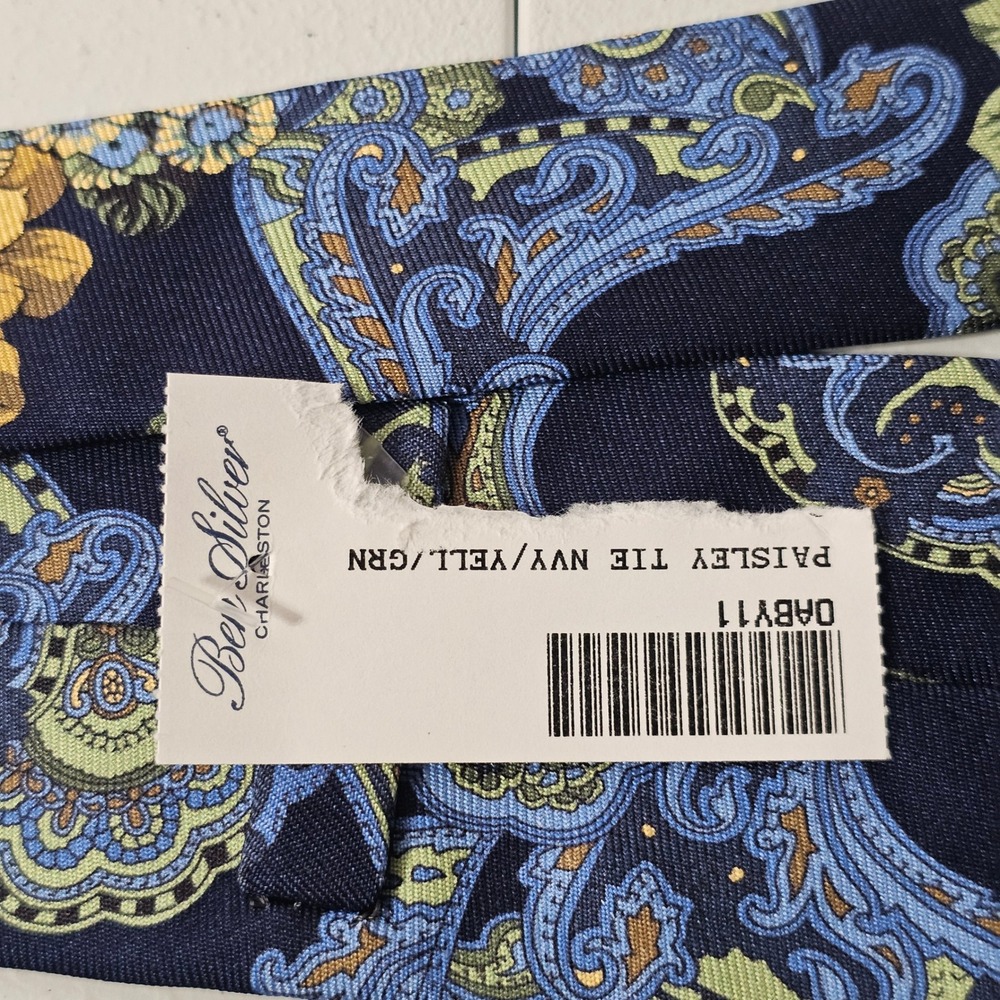Ben Silver Silk Tie Navy Yellow Floral Paisley Academia Preppy Luxury Business - Picture 8 of 10